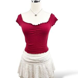 Boho Womens XS Ribbed  Off Shoulder Tee Lettuce Trim Romantic Cottege Y2K